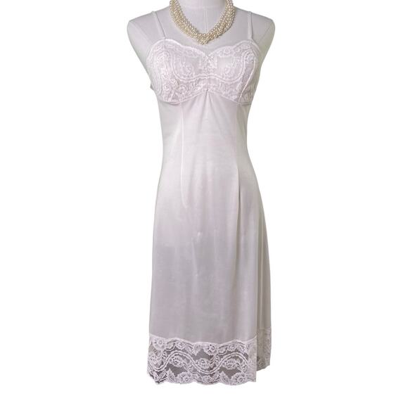 Vintage 60s Perlon Creamy White Nylon Lacy Retro Pinup Full Slip Dress Size S/M - Picture 2 of 15